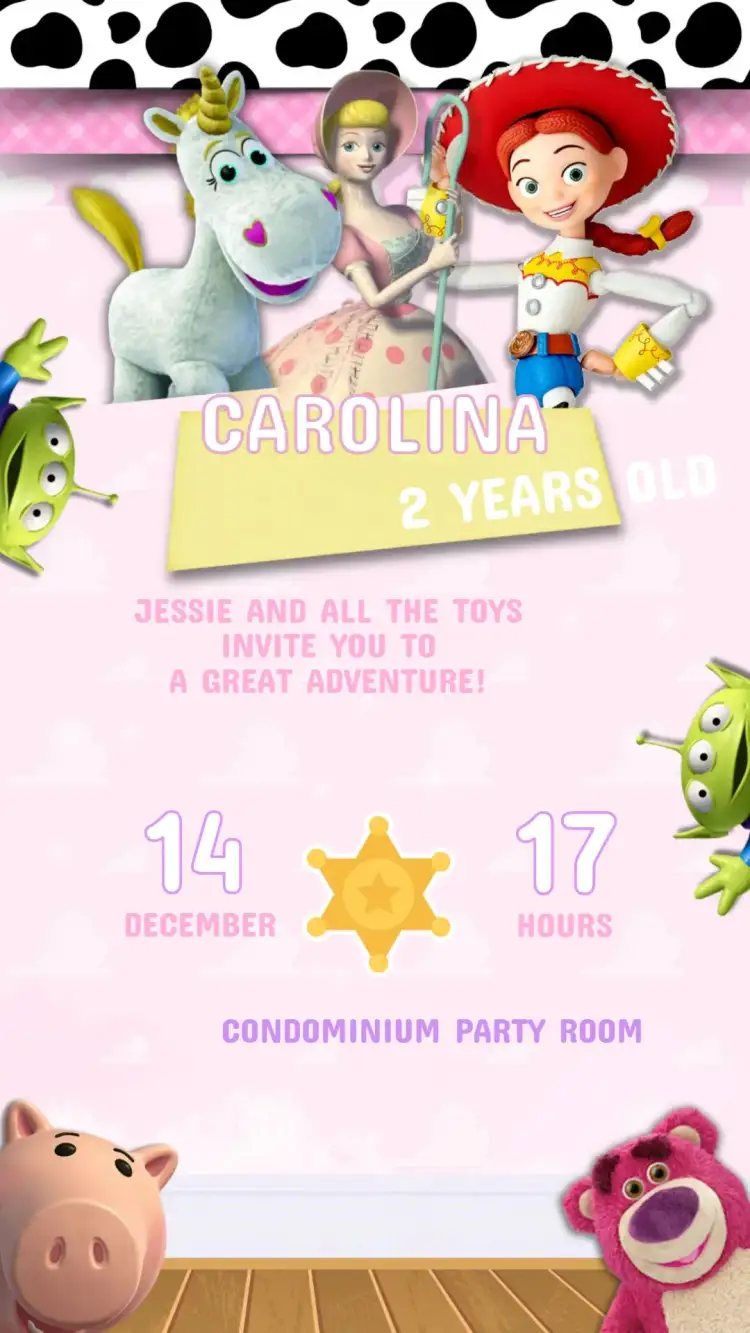 Invitation Toy Story Girl's Birthday Invitation – Kids' Birthday Party theme colorful, fun, childish, themed, character illustrations, cheerful background