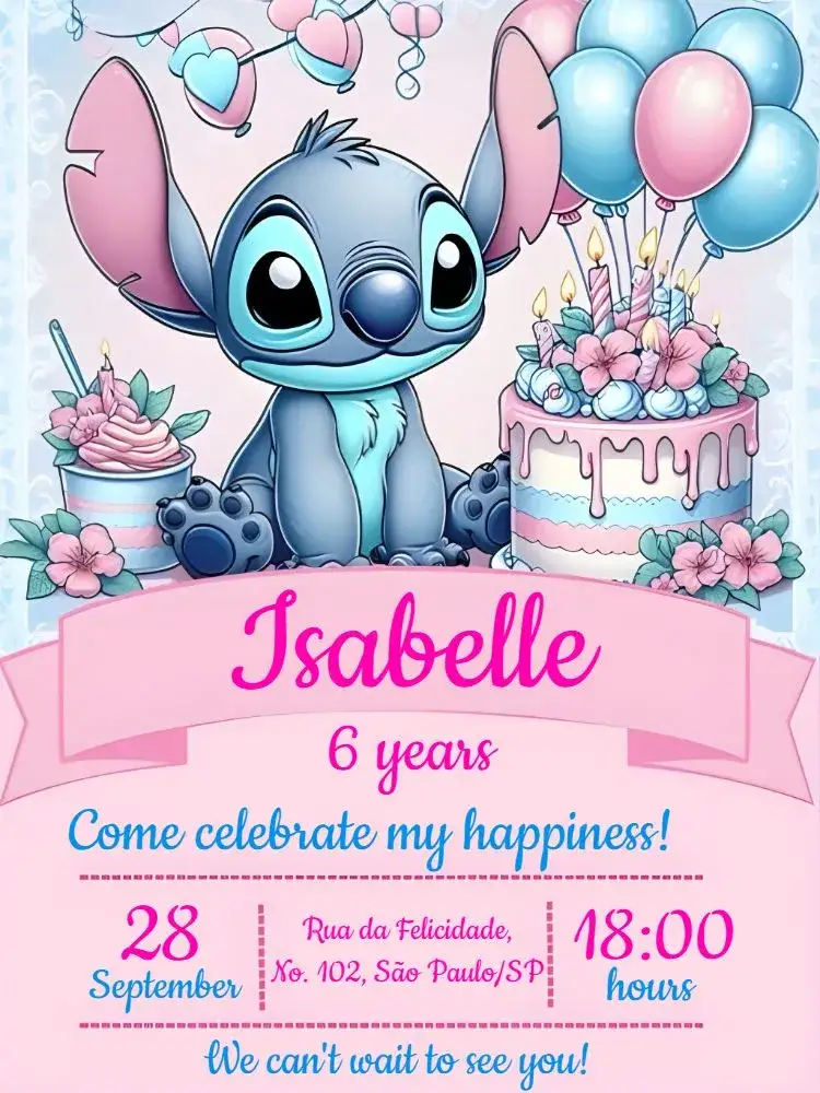 Invitation Stitch Girl – Most searched for theme pink, funny, modern, childish, colorful, themed