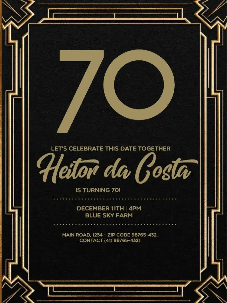 Invitation 70 Years Elegant Party – Sweet 15 theme elegant, classic, black and gold, sophisticated, modern