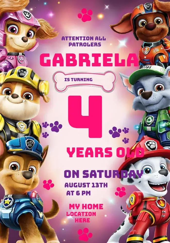 Paw Patrol Pink Girl Skye Birthday invitation