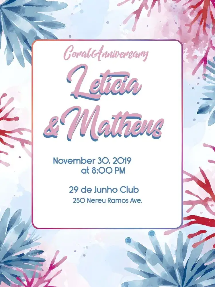 Invitation Coral Wedding Anniversary – Bridal Shower theme colorful, watercolor, romantic, vibrant, modern