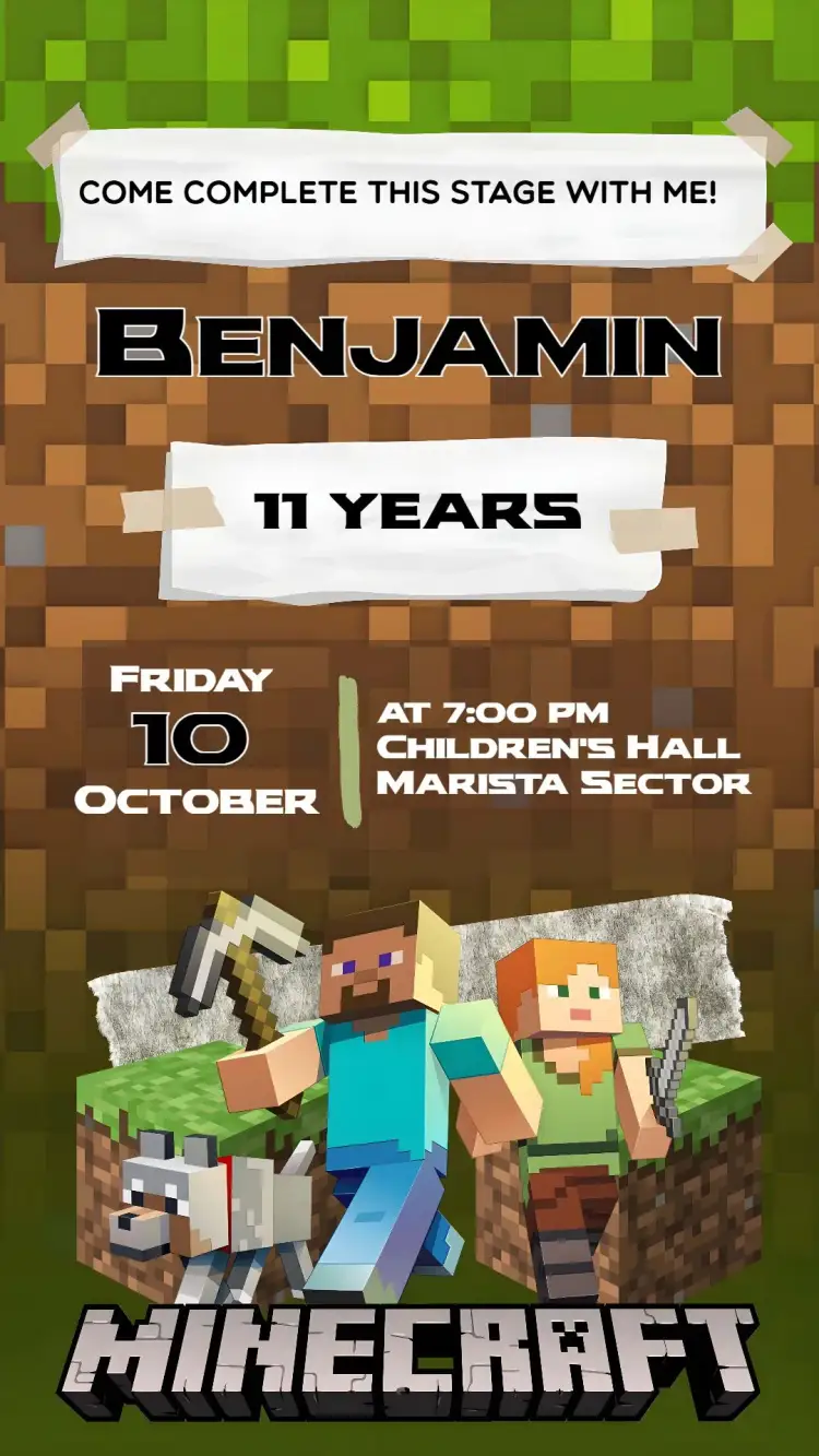 Invitation Minecraft – Kids' Birthday Party theme pixelated, colorful, games, fun, adventure, modern