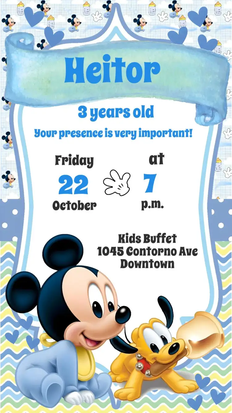 Invitation Mickey – Kids' Birthday Party theme colorful, fun, childish, Mickey-themed, vibrant
