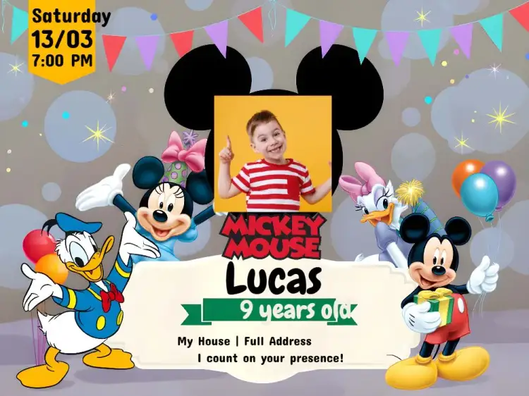 Invitation Mickey Mouse Club With Minnie Photo – Kids' Birthday Party theme Disney theme, vibrant and colorful, classic characters, fun and cheerful, modern style, playful pattern
