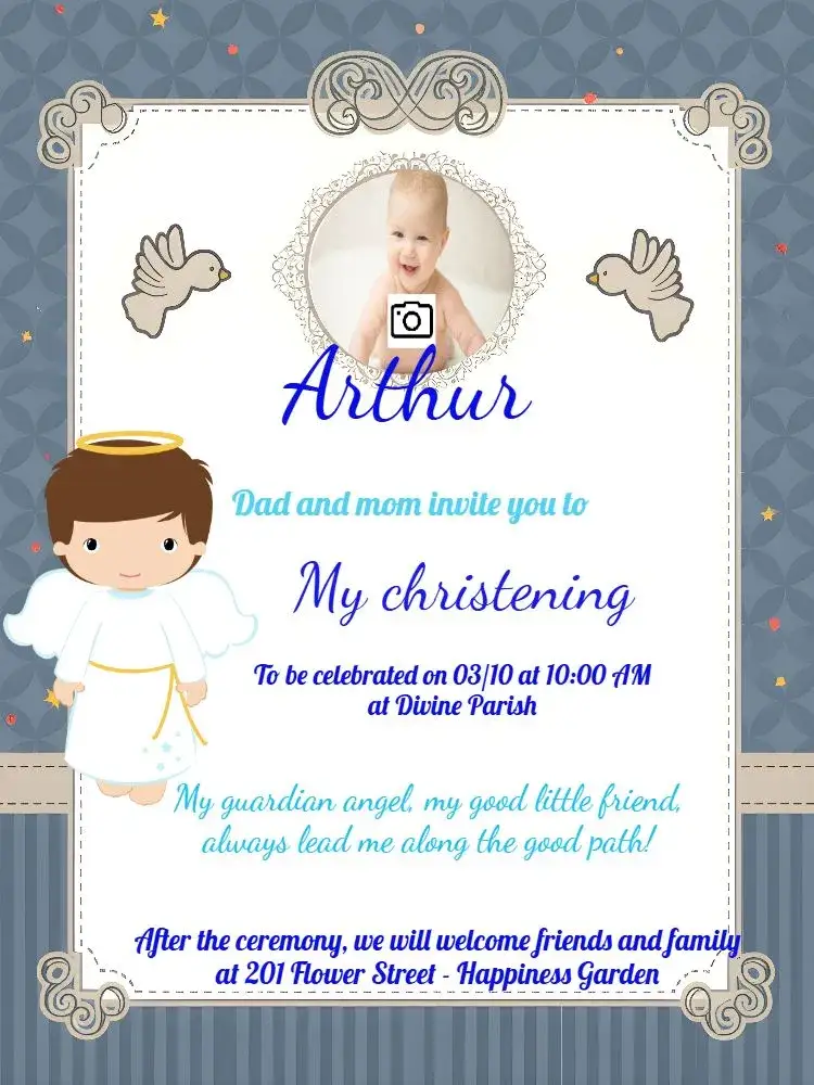 Invitation Angel Baptism With White Photo – Baptism theme delicate, modern, little angel, blue, white, minimalist