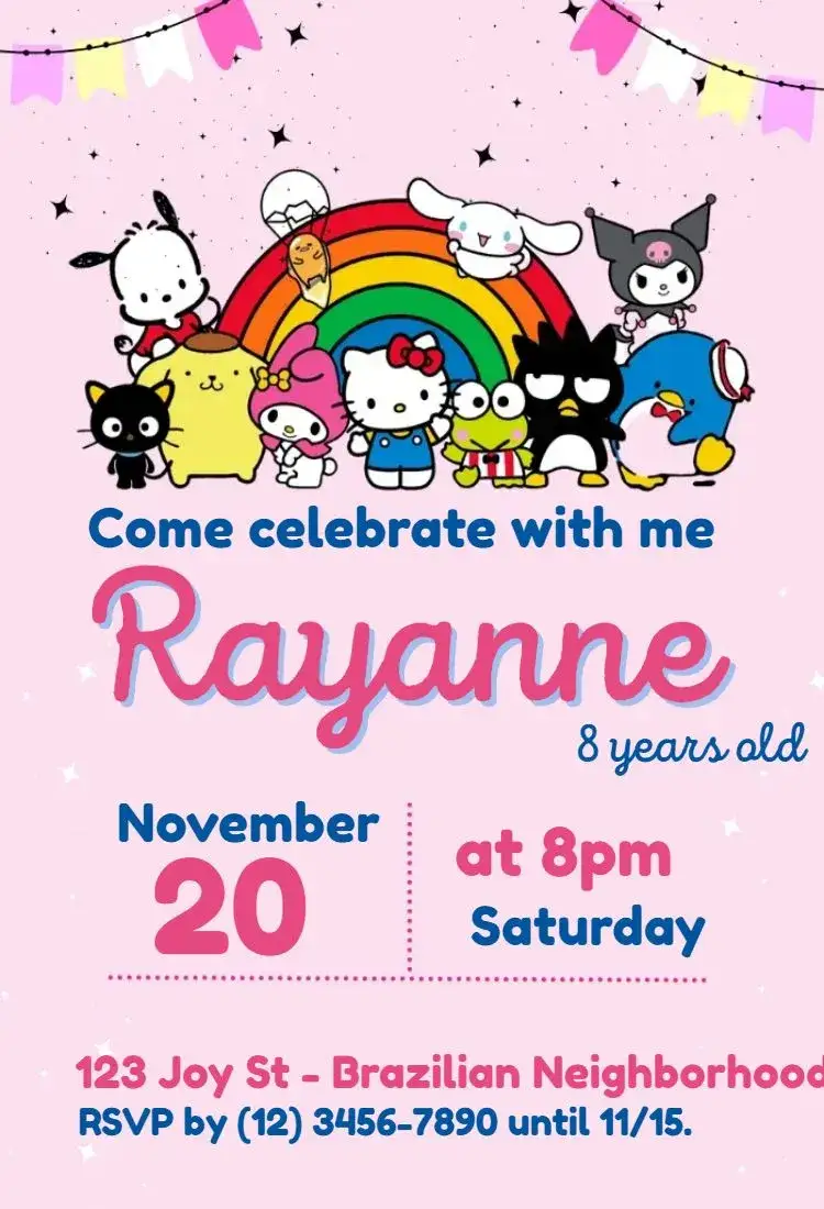Invitation Hello Kitty Pink – Kids' Birthday Party theme pastel colors, cute illustrations, playful style, fun design, Sanrio graphic elements