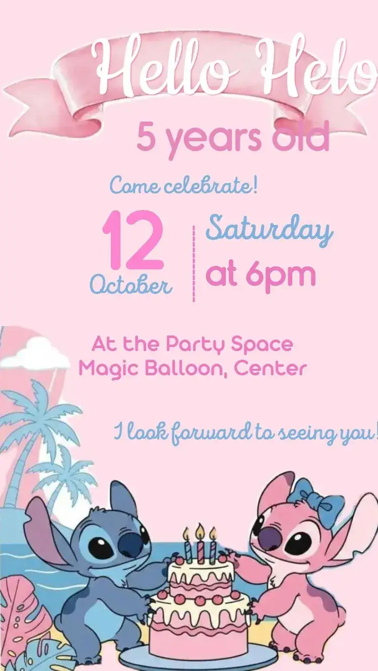 Invitation Stitch and Angel – Most searched for theme pink, playful, fun, colorful, childlike