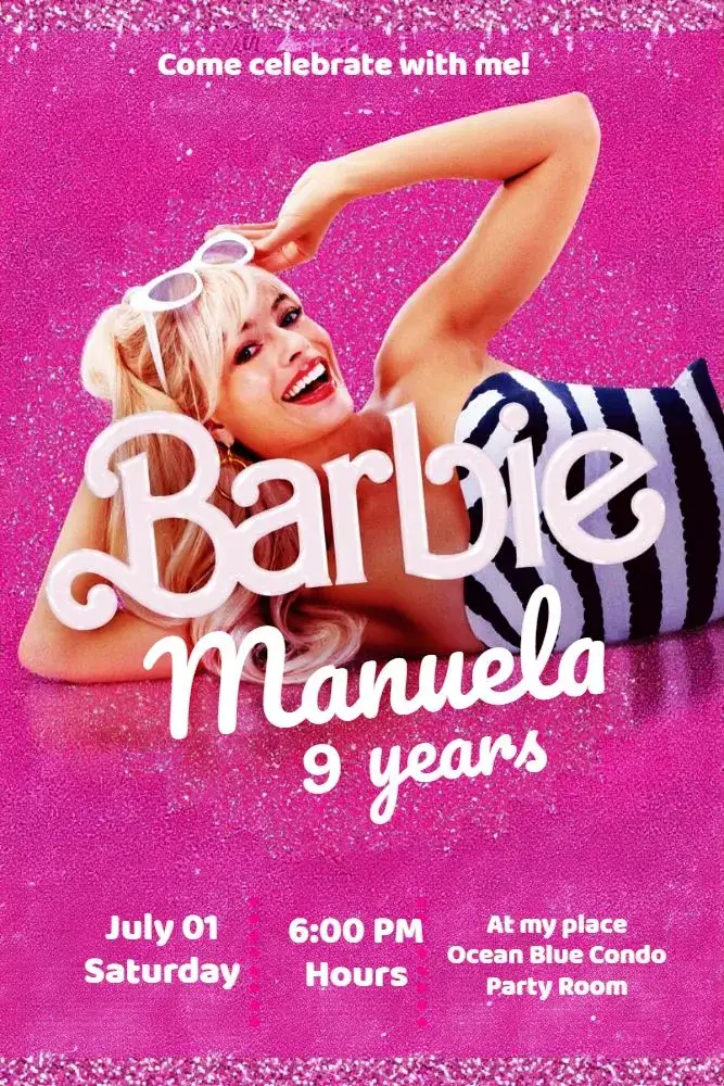 Invitation Barbie Movie New – Commemorative Dates theme pink, blue, vibrant, fun, thematic, charming