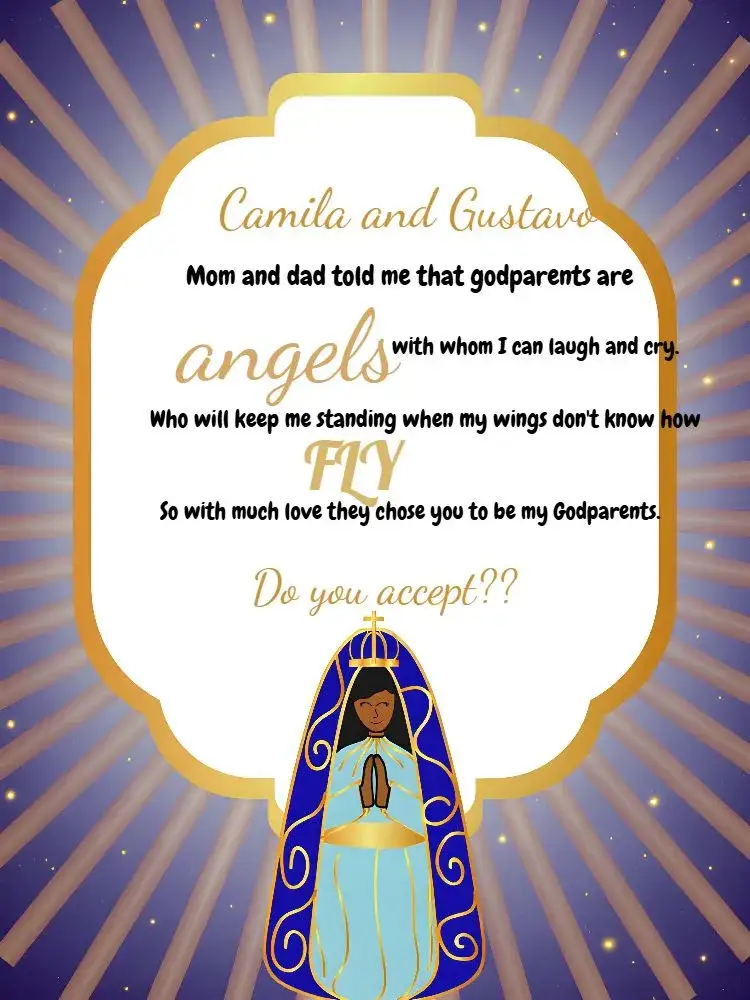 Invitation Invitation for Godparents Our Lady of Aparecida Clouds – Baptism theme blue and white, golden, clouds, Catholic, modern, delicate