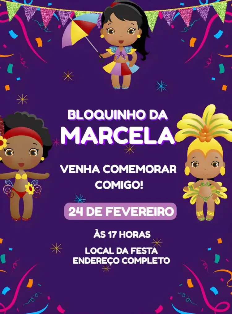 Invitation Bloquinho Carnival Dance – Commemorative Dates theme purple, white, joy, colorful, carnival, party