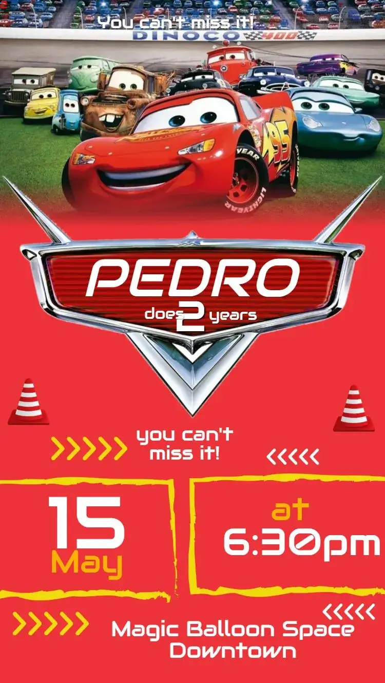 Invitation Lightning McQueen from the movie Cars – Kids' Birthday Party theme colorful, race-themed, Disney style, vibrant, fun, youthful