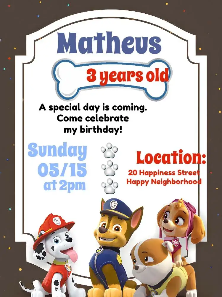 Invitation Paw Patrol Dog – Kids' Birthday Party theme colorful, fun, childish, themed, lively