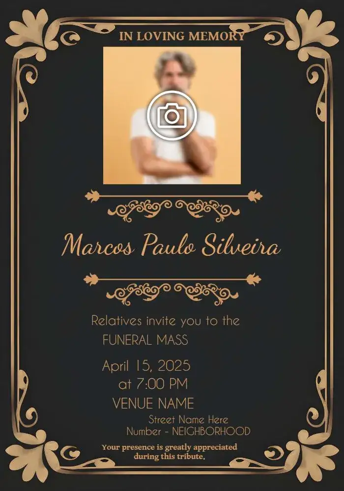 Invitation Funeral Mass With Photo Day – Commemorative Dates theme black and brown, minimalist, classic, elegant, subtle