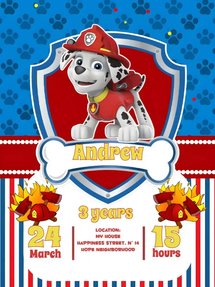 Invitation Marshall Paw Patrol Blue – Kids' Birthday Party theme blue, red, fun, themed, childish