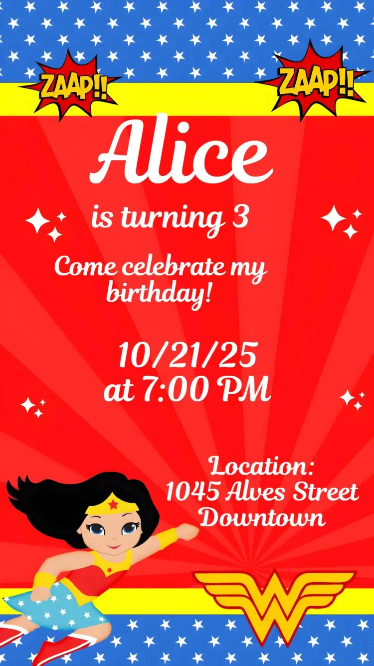 Invitation Wonder Woman – Kids' Birthday Party theme colorful, superheroes-themed, adventure, sparkle, fun, themed
