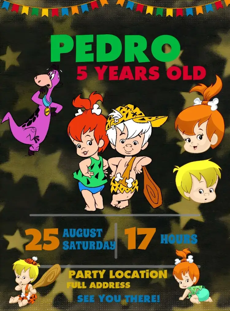 Invitation Pedrita And Bambam Stone – Kids' Birthday Party theme colorful, fun, themed, childish, modern