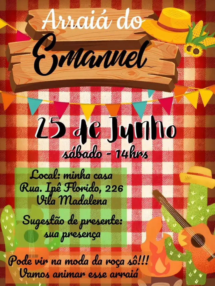 Invitation Arraiá Festa Junina Sertanejo – Commemorative Dates theme colorful, country music, traditional, rustic, vintage, festive