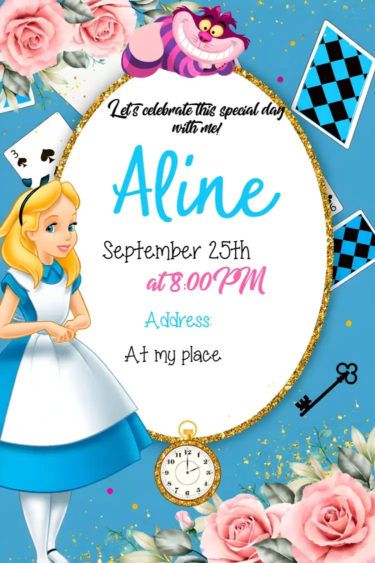 Invitation Alice In Wonderland – Commemorative Dates theme colorful, fantastic, whimsical illustrations, vintage, magical, fun