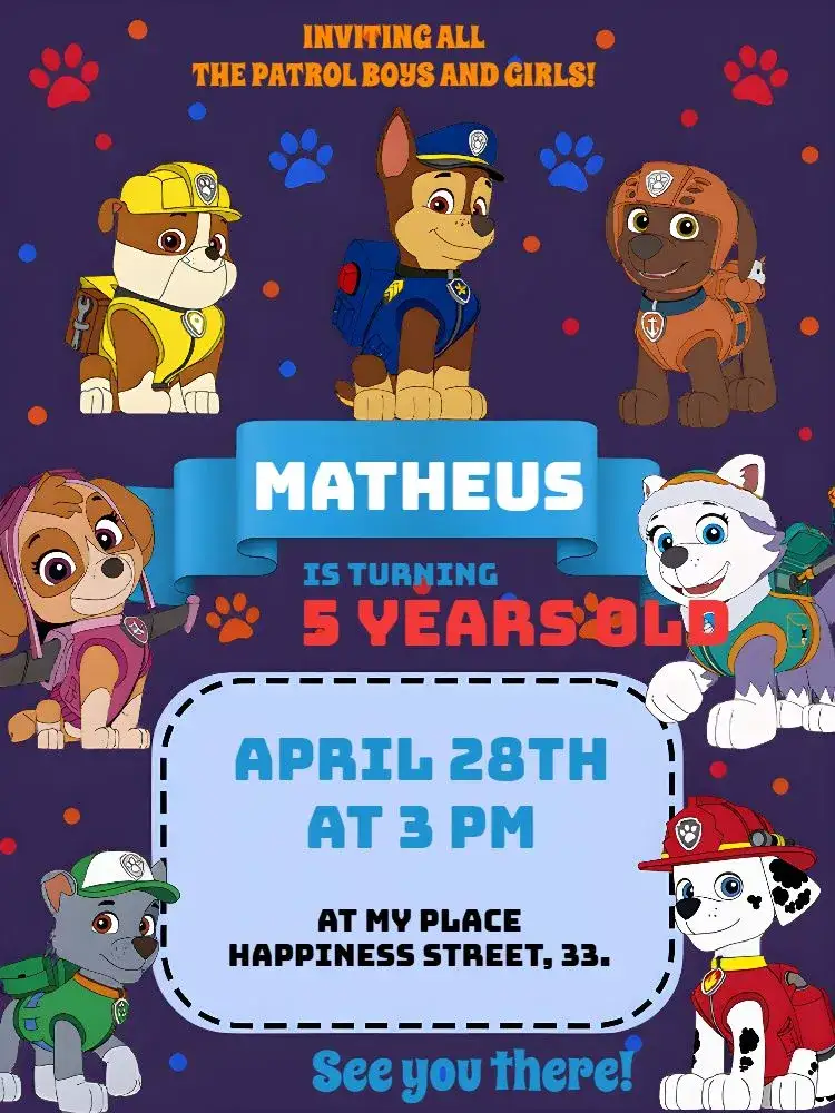 Invitation Paw Patrol Boy – Kids' Birthday Party theme colorful, childish, themed, fun-filled, lively
