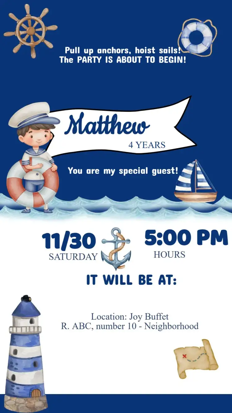Invitation Sailor Birthday Invitation – Kids' Birthday Party theme naval, blue and white, vintage style, children's fun, marine animals, sea adventure
