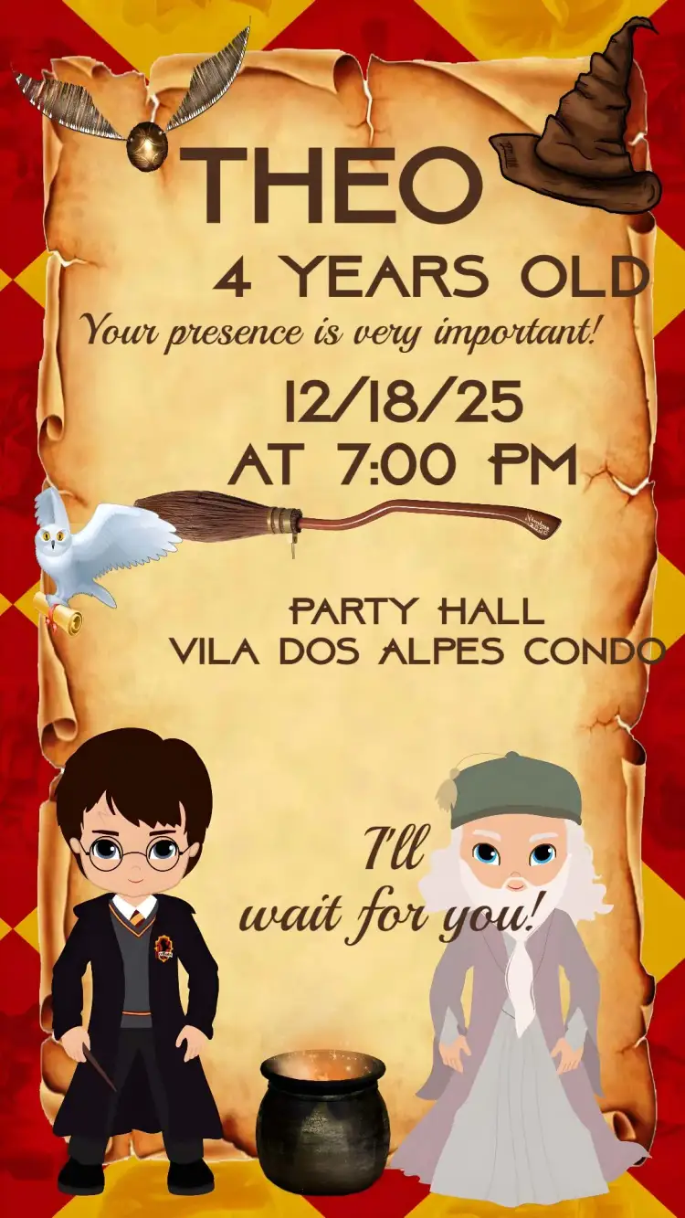 Invitation Harry Potter – Kids' Birthday Party theme magical, fantasy, colorful, fun-filled, youthful