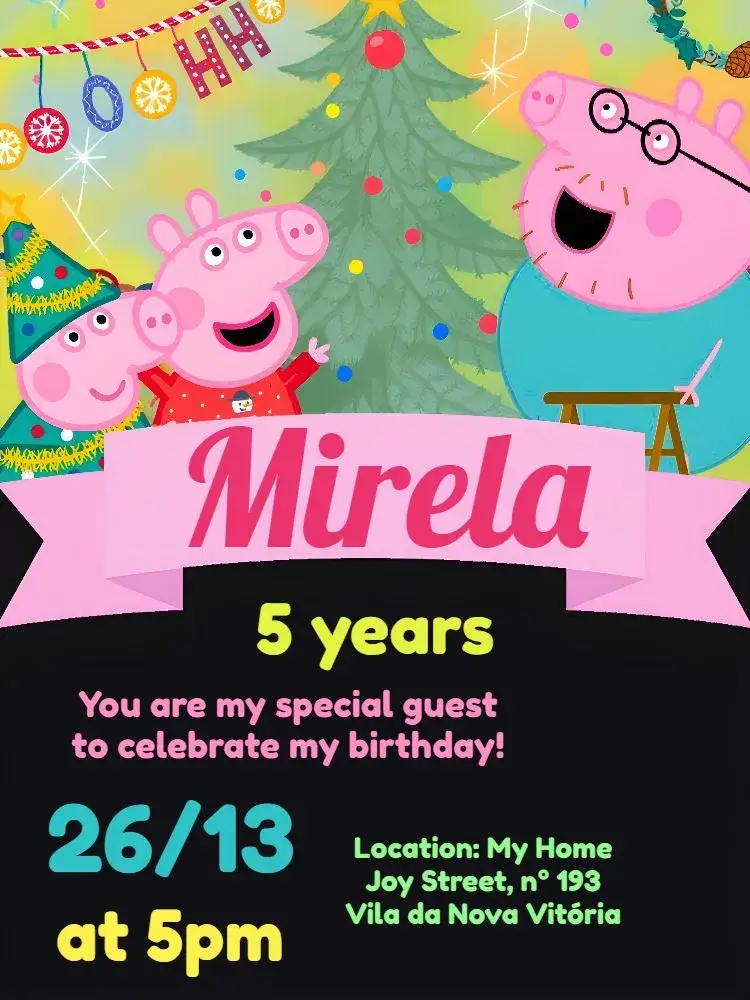 Invitation Peppa Pig Gray Christmas – Commemorative Dates theme gray, pink, green, purple, fun, themed