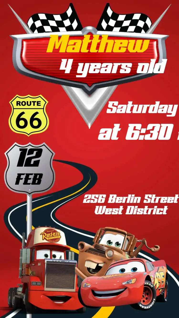 Invitation Disney Cars – Kids' Birthday Party theme colorful, fun, themed, childlike, vibrant