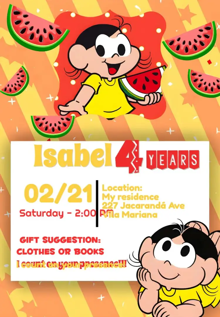 Invitation Magali Monica's Gang Watermelon – Kids' Birthday Party theme colorful, childlike, fun, comic book characters, fruity, cheerful
