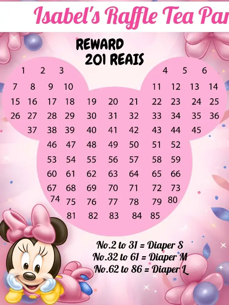 Invitation Minnie Mouse Baby Tea Raffle – Raffle Tea theme pink and lilac, Minnie Mouse themed, fun and playful, modern style, soft colors, childish graphic elements
