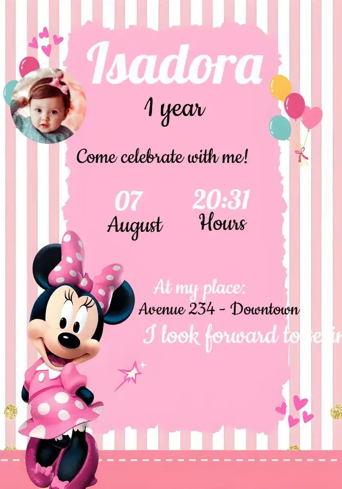 Invitation Minnie Mouse With Disney Photo – Commemorative Dates theme Disney, children's, colorful, fun-filled, themed