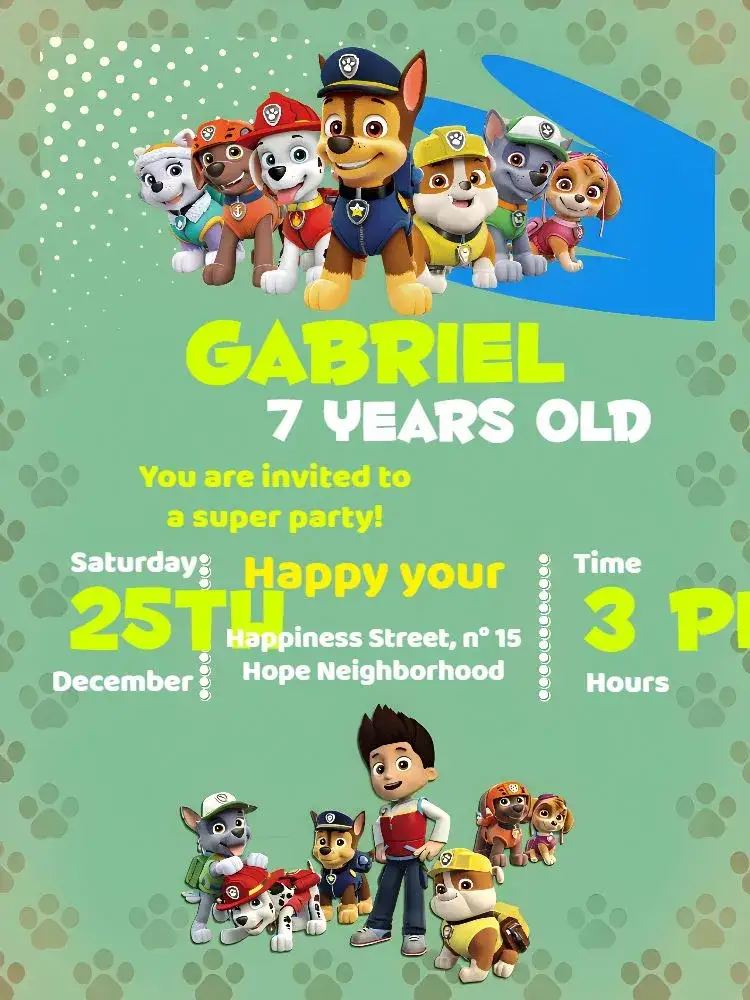 Invitation Blue Paw Patrol – Kids' Birthday Party theme blue, dog-themed, fun, childish, colorful, festive