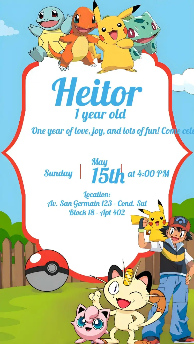 Invitation Pokemon Pikachu – Kids' Birthday Party theme colorful, anime, modern, fun, themed
