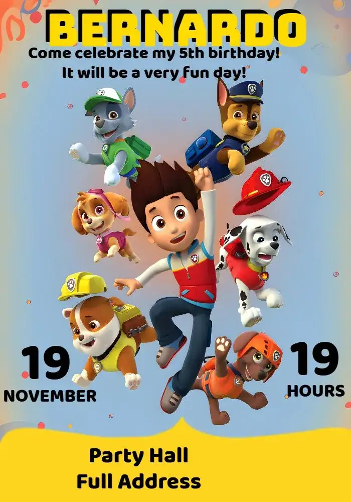 Invitation Yellow Paw Patrol – Kids' Birthday Party theme vibrant yellow, fun, childish, themed, colorful, lively