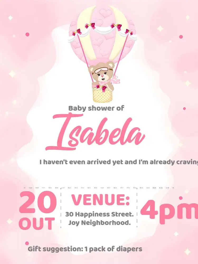 Invitation Baby Shower Teddy Bear Balloon Cloud – Diaper Shower theme pink and white, clouds, teddy bears, playful, delicate, childlike
