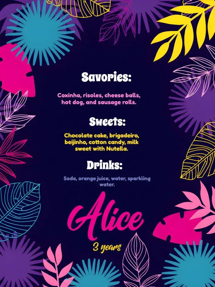 Invitation Tropical Farofa Menu – Bridal Shower theme tropical, floral, neon, colorful, festive, relaxed