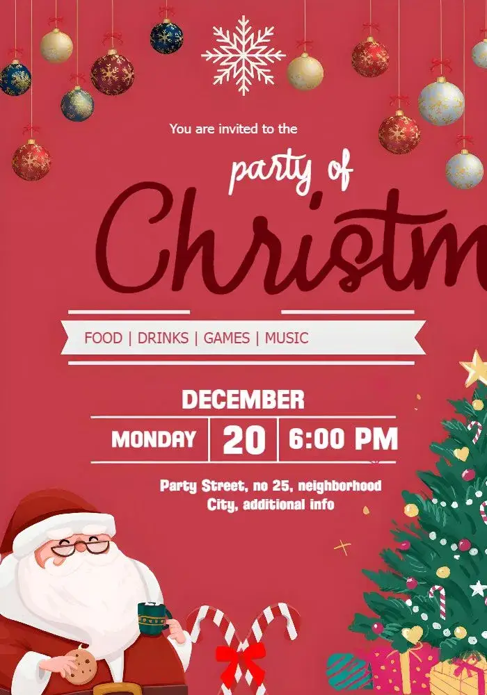 Invitation Christmas Party Noel – Commemorative Dates theme vibrant red, classic, festive, fun, Christmas illustrations, elegant