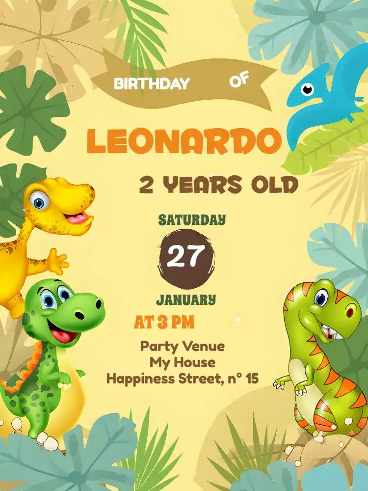 Invitation Brown Baby Dinosaur – Most searched for theme dinosaur, nature-themed, forest, fun-filled, colorful, child-friendly