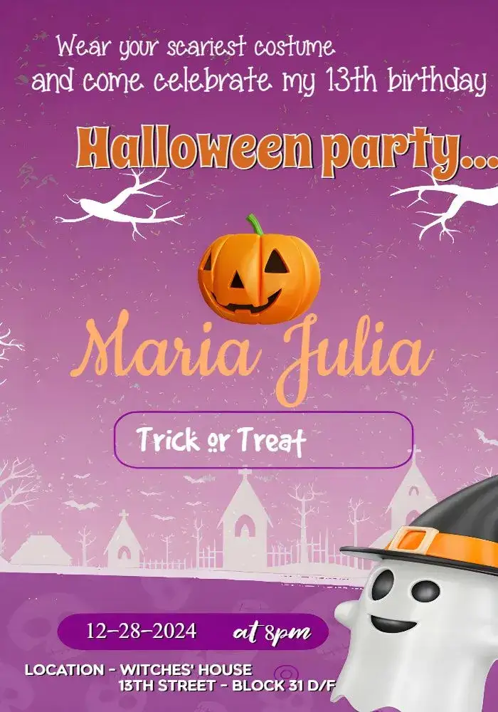 Invitation Purple Halloween – Commemorative Dates theme purple, yellow, ghosts, pumpkins, fun, themed