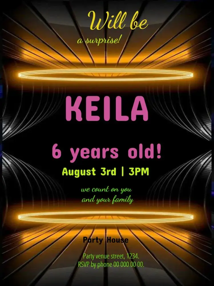 Invitation Neon Data Sheets To Edit Children – Kids' Birthday Party theme neon, colorful, playful, fun, modern