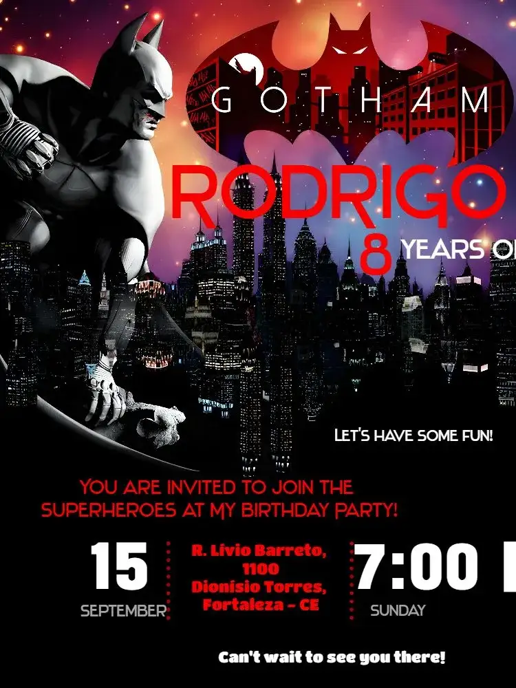 Invitation Batman Gotham – Kids' Birthday Party theme modern, themed, superhero, urban, colorful, dynamic