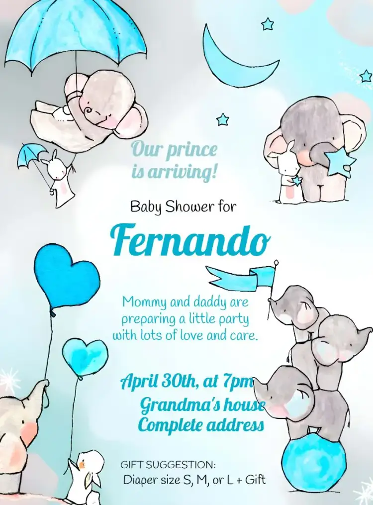Invitation Elephant Watercolor Blue Baby Boy Diaper Shower – Diaper Shower theme watercolor, children's, blue, animals, fun, light