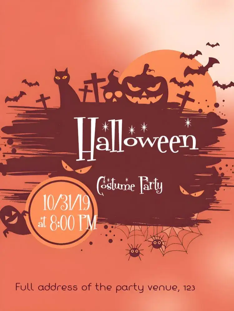 Invitation Halloween Das – Commemorative Dates theme dark colors, witch-themed graphic elements, gothic style, fantasy and mystery, pumpkins and bats