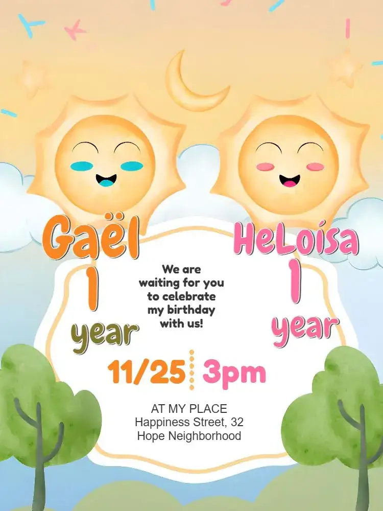 Invitation Double First Sun Orange – First Communion theme vibrant colors, playful style, childish graphic elements, cheerful design, celestial theme