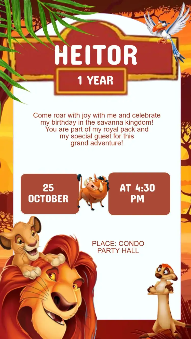Invitation Lion King Birthday Invitation – Kids' Birthday Party theme colorful, themed, fun-filled, animals, savanna, adventure