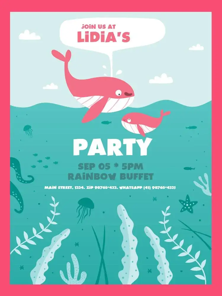 Invitation S Green Pink Whale – Kids' Birthday Party theme playful, navy, soft colors, fun, modern