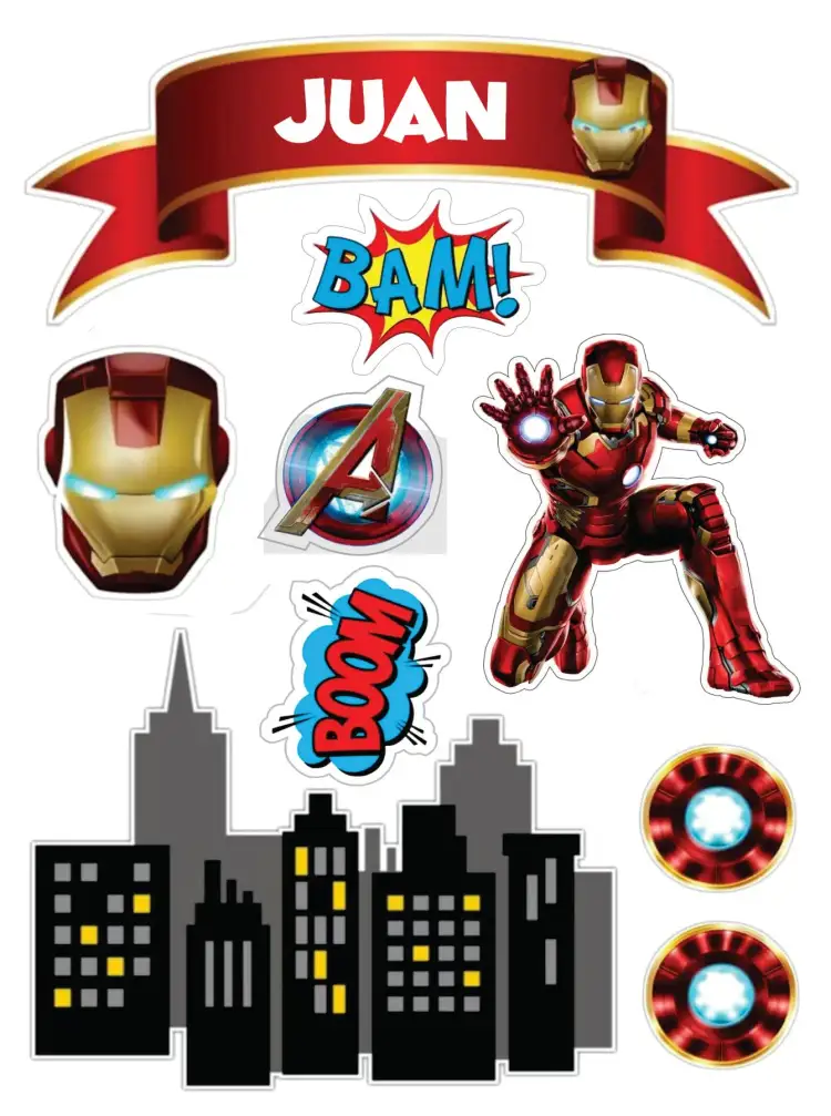 Invitation Iron Man – Cake topper theme vibrant colors, modern style, superhero graphic elements, inspired by Marvel, fun design, children's theme