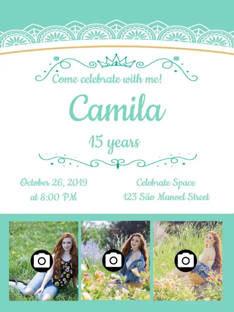 Invitation 15 Years with Lacy Photos – Sweet 15 theme delicate, lacey, mint green, modern, feminine, mosaic