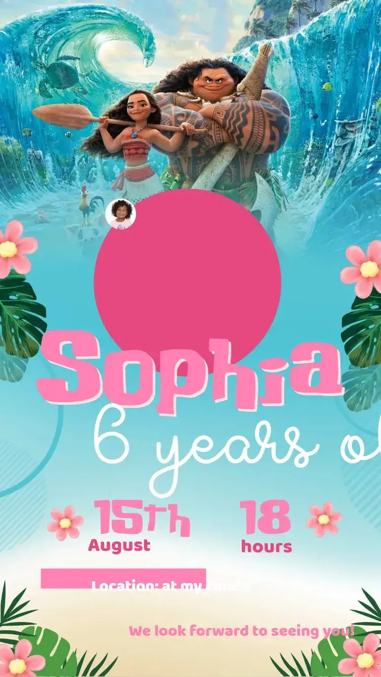 Invitation Moana – Kids' Birthday Party theme vibrant colors, tropical style, sea elements, Disney-inspired, fun design, adventure theme