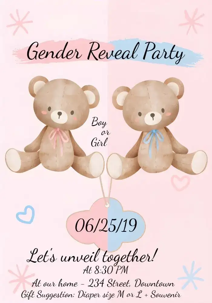 Teddy Bears Pink And Blue Watercolor Gender Reveal Tea Party