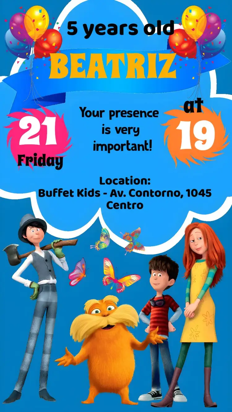 Invitation Lorax – Kids' Birthday Party theme colorful, fun, natural, childlike illustrations, eco-friendly, cheerful